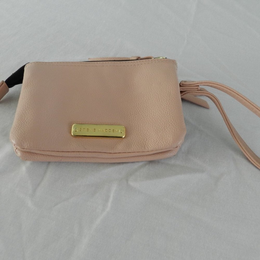 Steve Madden 6-inch triple zip compartment fabric lined wristlet in pastel pink